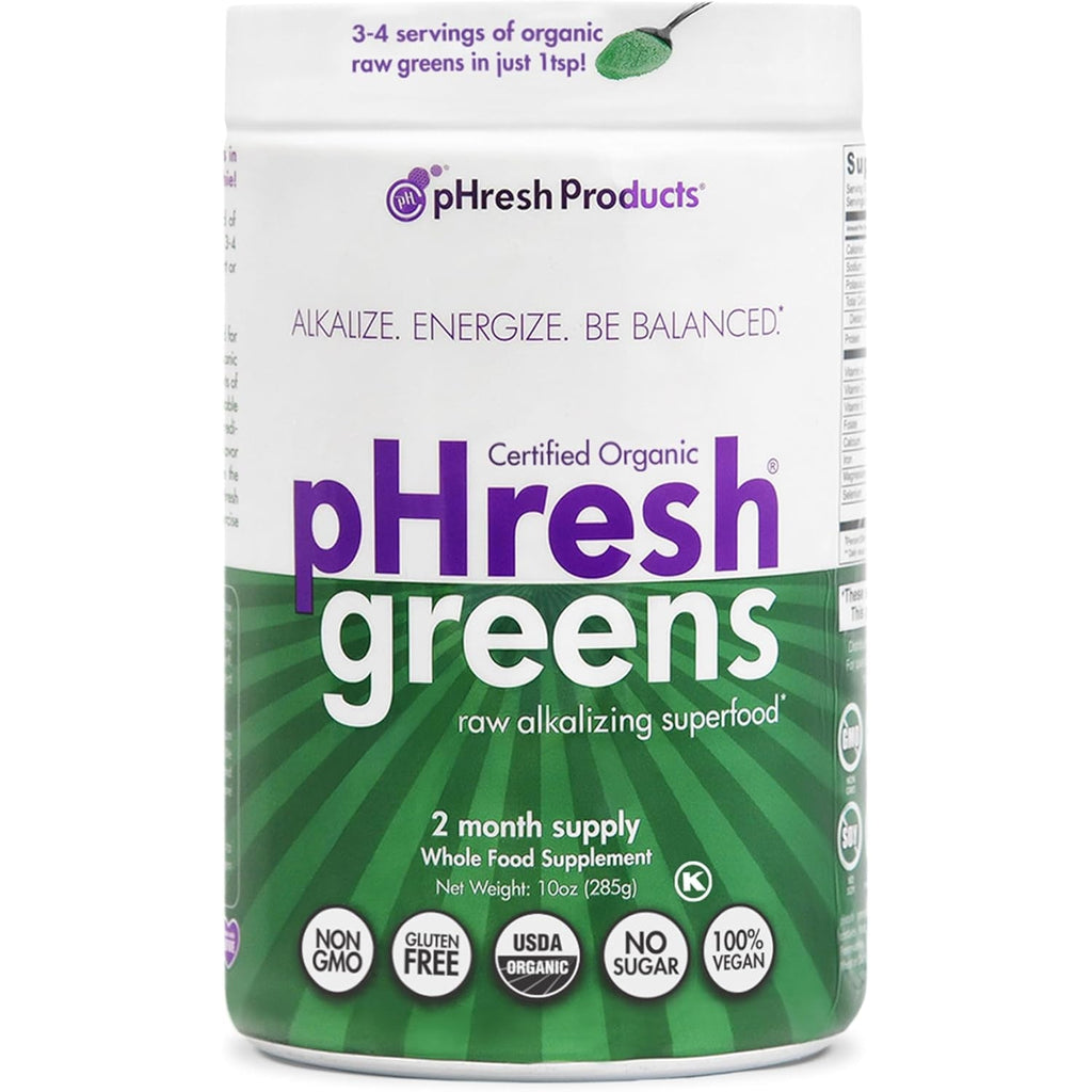 Phresh - Greens Raw Alkalizing Superfood Greens Powder - 2 Month Supply - Vegan, Kosher, Gluten Free - Natural Enzymes, Nutrients - Approved for Intermittent Fasting - 10 Oz