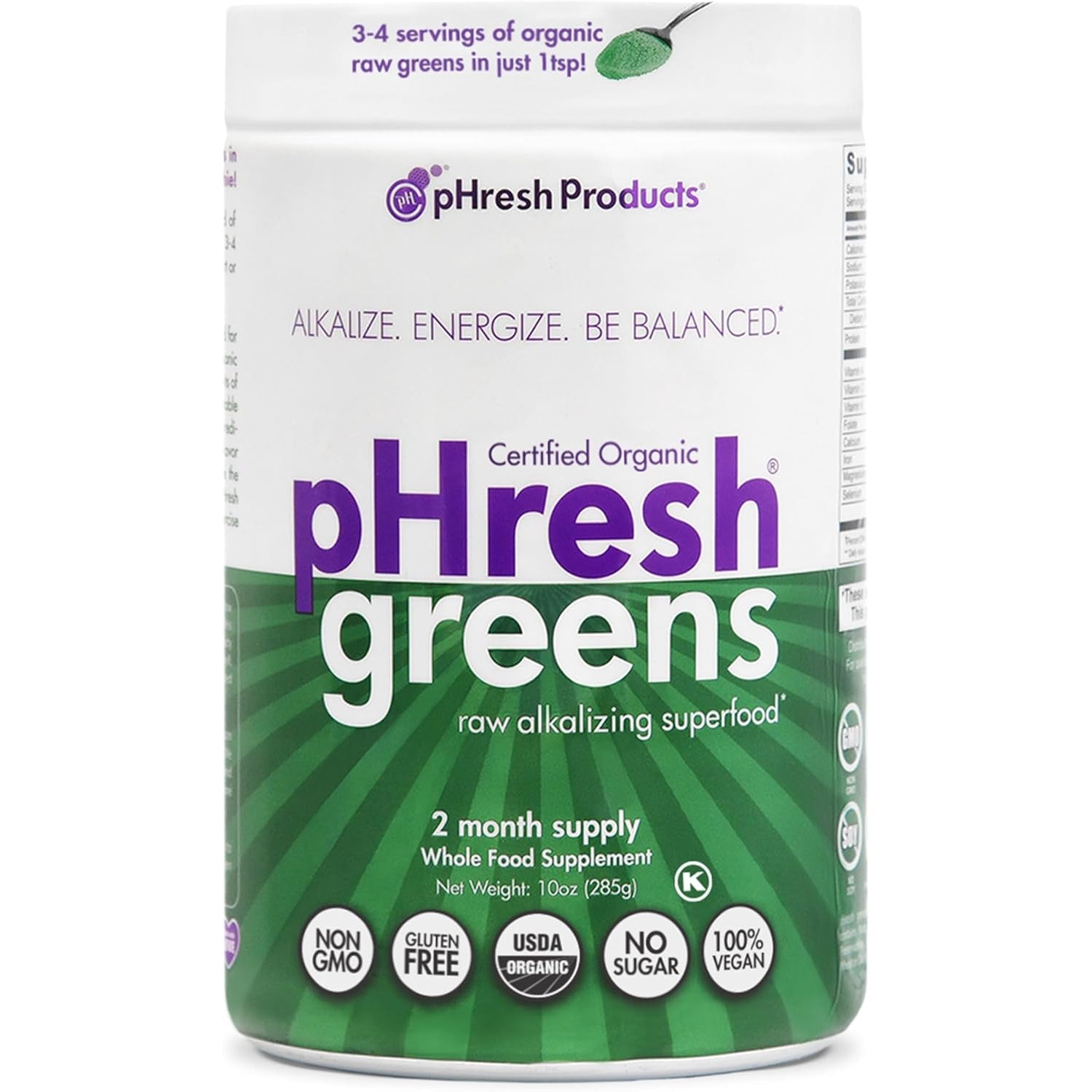 Phresh - Greens Raw Alkalizing Superfood Greens Powder - 2 Month Supply - Vegan, Kosher, Gluten Free - Natural Enzymes, Nutrients - Approved for Intermittent Fasting - 10 Oz