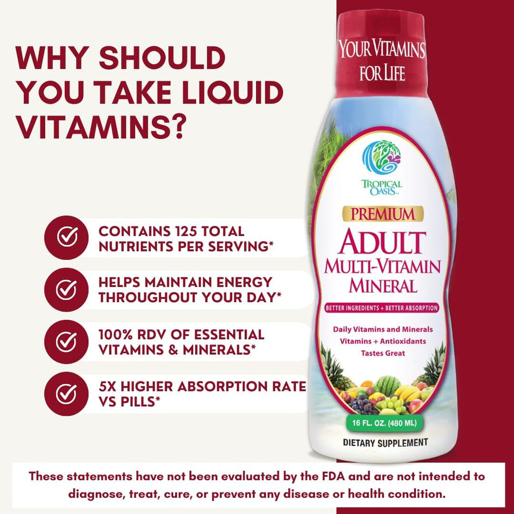 Tropical Oasis Adult Liquid Multivitamin -Liquid Multi-Vitamin and Mineral Supplement with 125 Total Nutrients Including; 85 Vitamins & Minerals, 23 Amino Acids, and 18 Herbs - 16 Fl Oz, 32 Serv