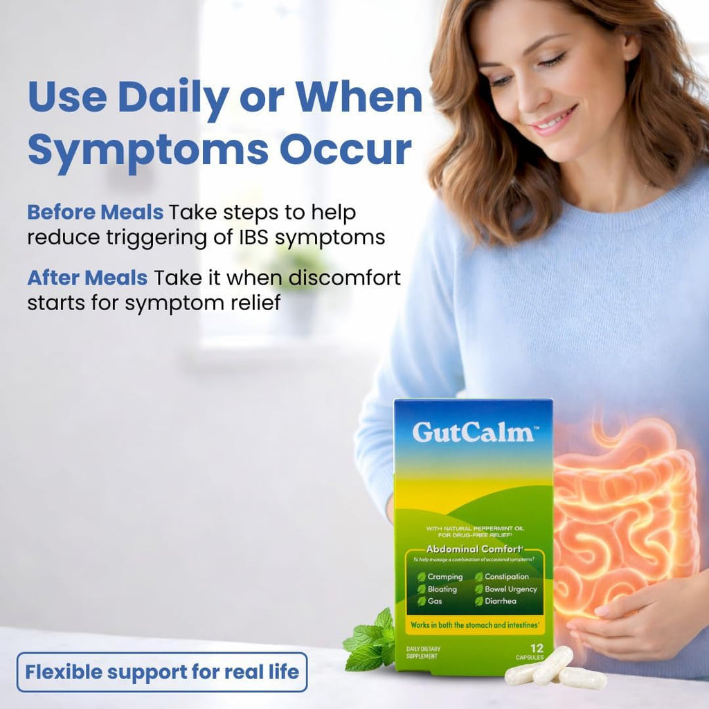 Gutcalm - IBS Relief - Peppermint Oil Capsules - Bloating, Gas, Constipation and Digestive Comfort Supplement - 12/Ct