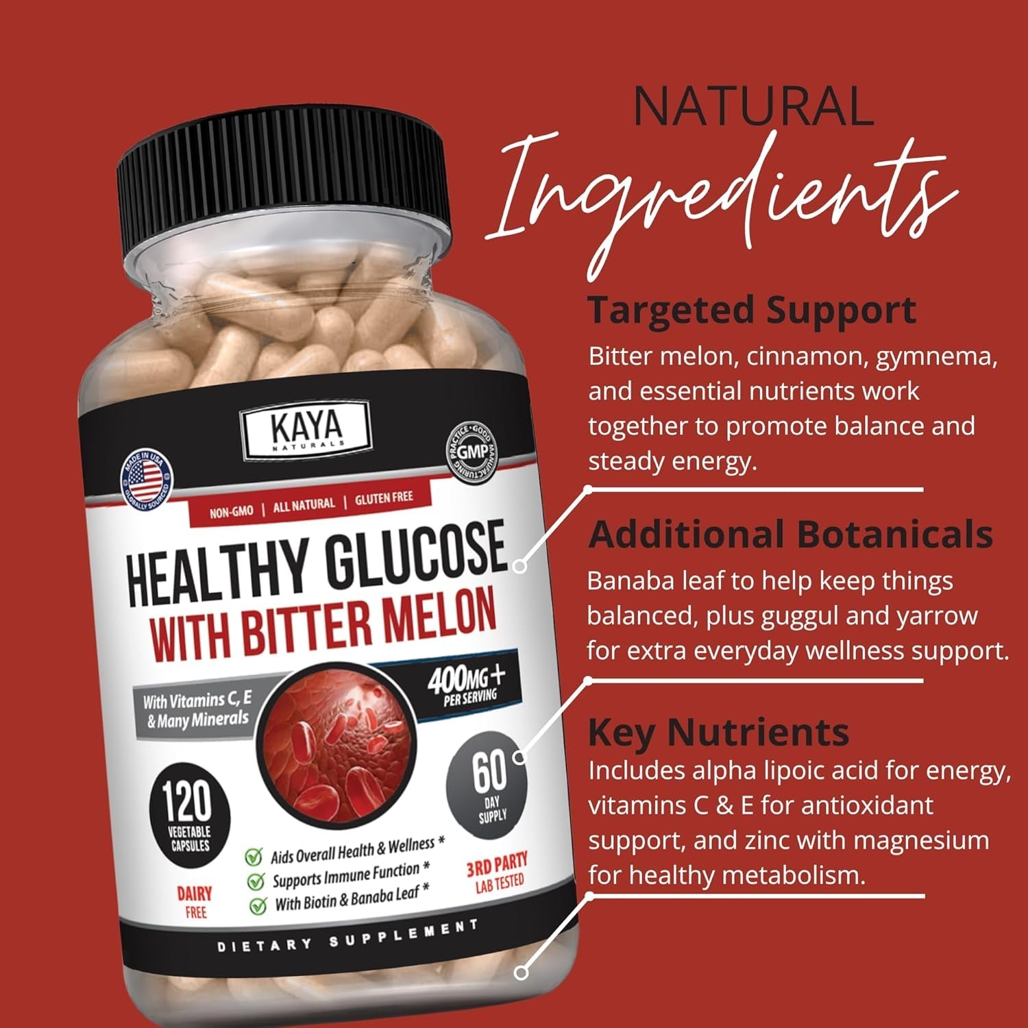 Kaya Naturals Healthy Gluco with Bittermelon Supplement | Support Healthy Levels and Function, 20 Herbs Vitamins and Minerals, Alpha Lipoic Acide, Cinnamon, Vitamin C & E, Non-Gmo (120 Count)