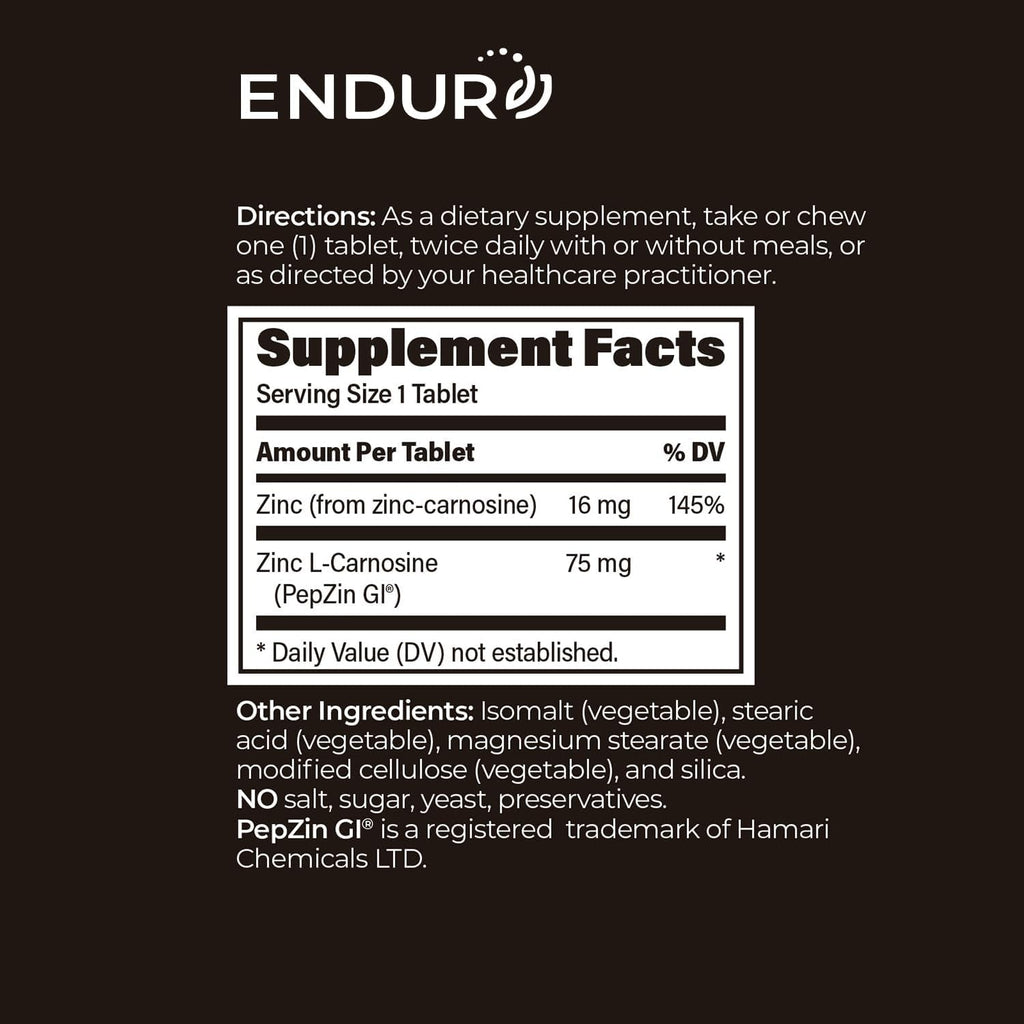 Endur Pepzingi ZINC-CARNOSINE Chewables, Digestive Supplement, Gentle & Effective Formula for Digestive Wellness, Gluten Free, 75Mg (60 Tablets)