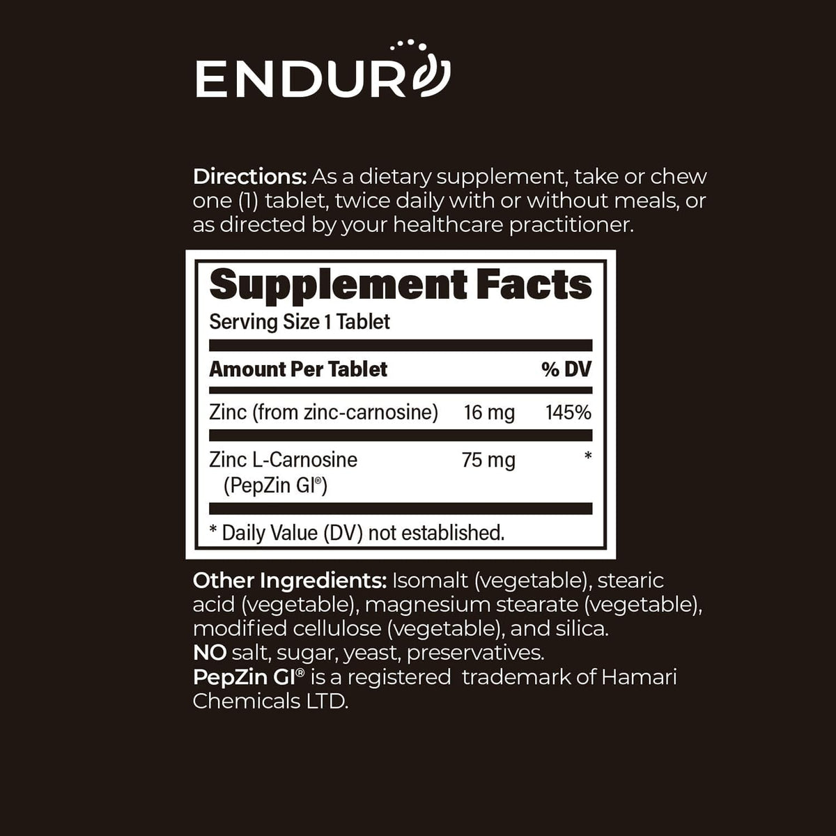 Endur Pepzingi ZINC-CARNOSINE Chewables, Digestive Supplement, Gentle & Effective Formula for Digestive Wellness, Gluten Free, 75Mg (60 Tablets)
