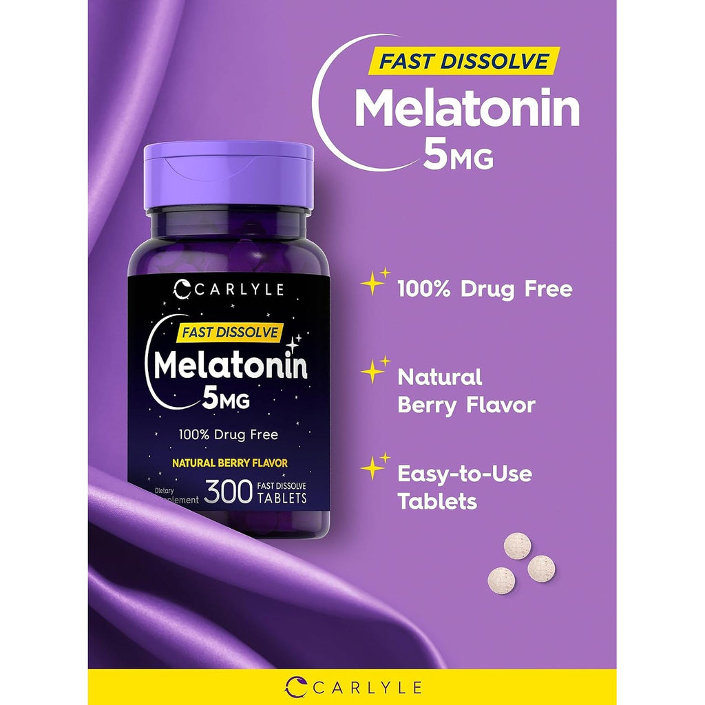 Carlyle Melatonin 5 Mg Fast Dissolve 300 Tablets | Berry Flavor | Vegetarian, Non-Gmo Supplement