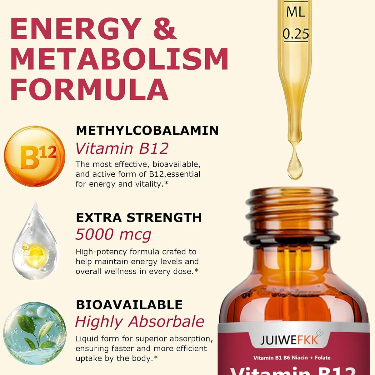 Liquid Vitamin B12 Drops 5000 Mcg - Extra Strength B12 Methylcobalamin with B1 B6 B3 Folate Niacin - Fast Absorption Sublingual B-12 Drops for Energy Metabolism & Brain Function, Vegan B Complex