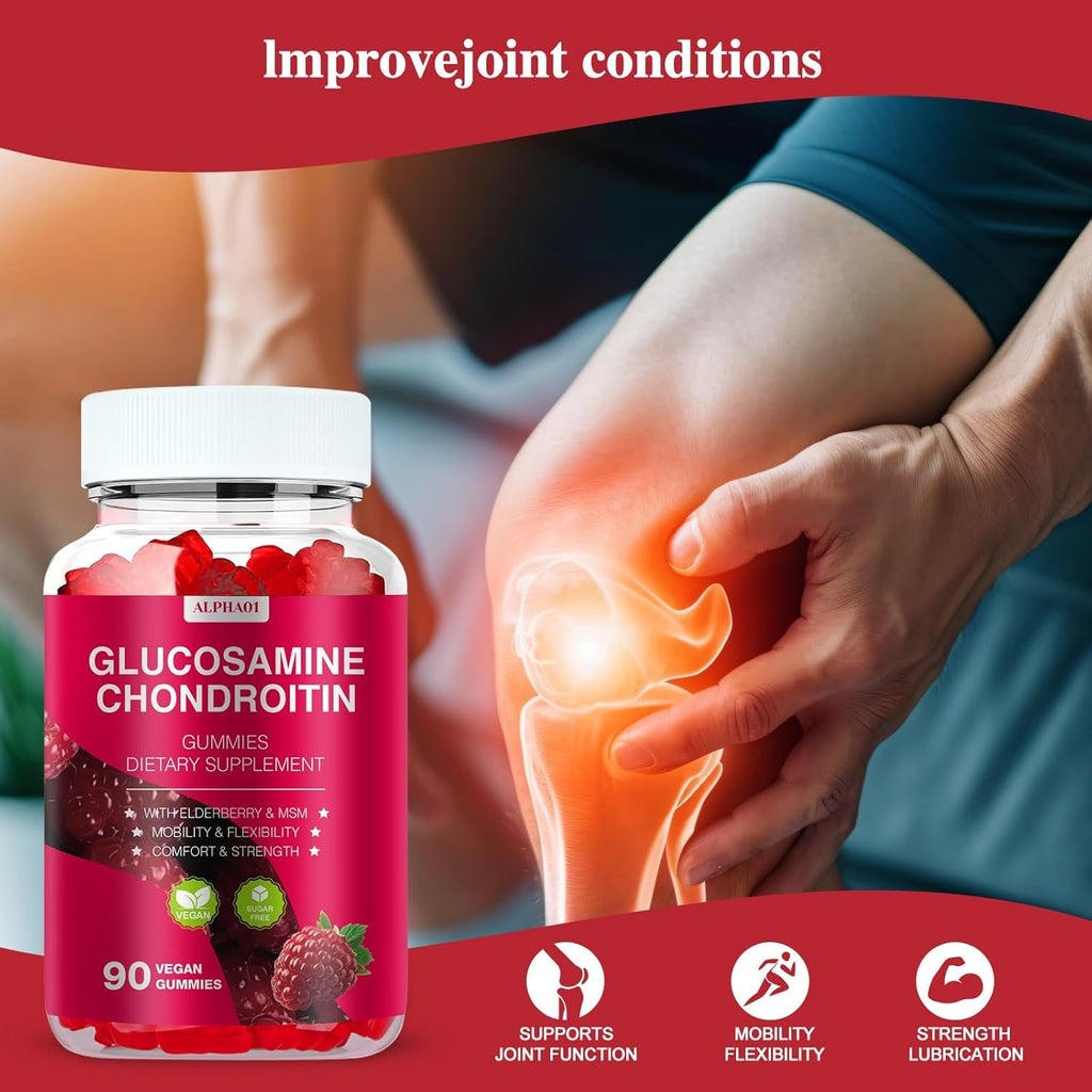 Glucosamine Chondroitin Gummies - 3000MG Extra Strength Joint Support Supplement with MSM & Elderberry, Flexibility, Antioxidant Immune Support Gummy for Adults, Men & Women - 90 Raspberry Gummies