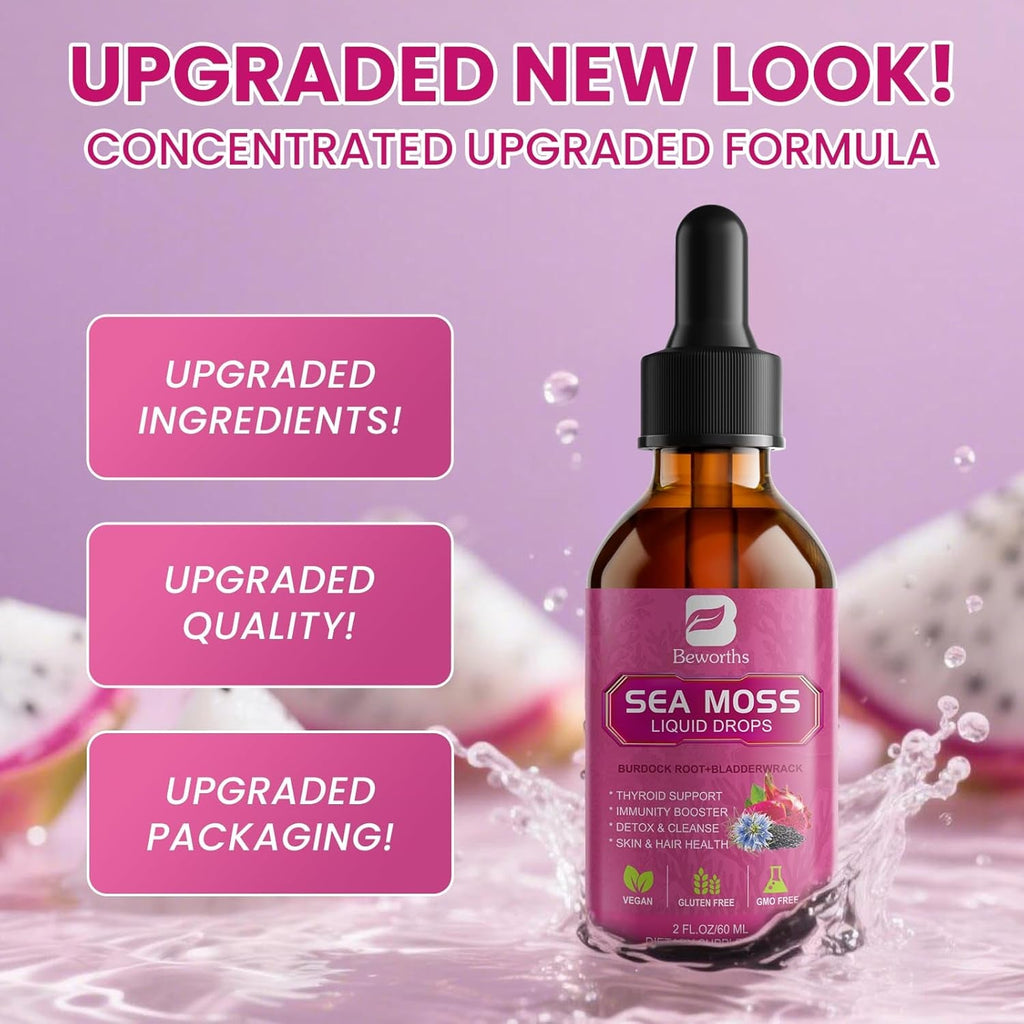 Sea Moss Liquid Drops - Organic Irish Sea Moss with Black Seed Oil, Ashwagandha, Soursop, Bladderwrack, Burdock Root, Elderberry, Turmeric | Seamoss for Immune Support, Energy, Hair & Digestion -Vegan