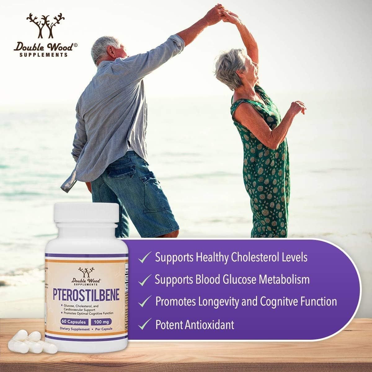 Pterostilbene Supplement 100Mg Capsules (Third Party Tested) 60 Capsules, Superior to Resveratrol, Antioxidant for Longevity Support (Non-Gmo, Gluten Free) by Double Wood