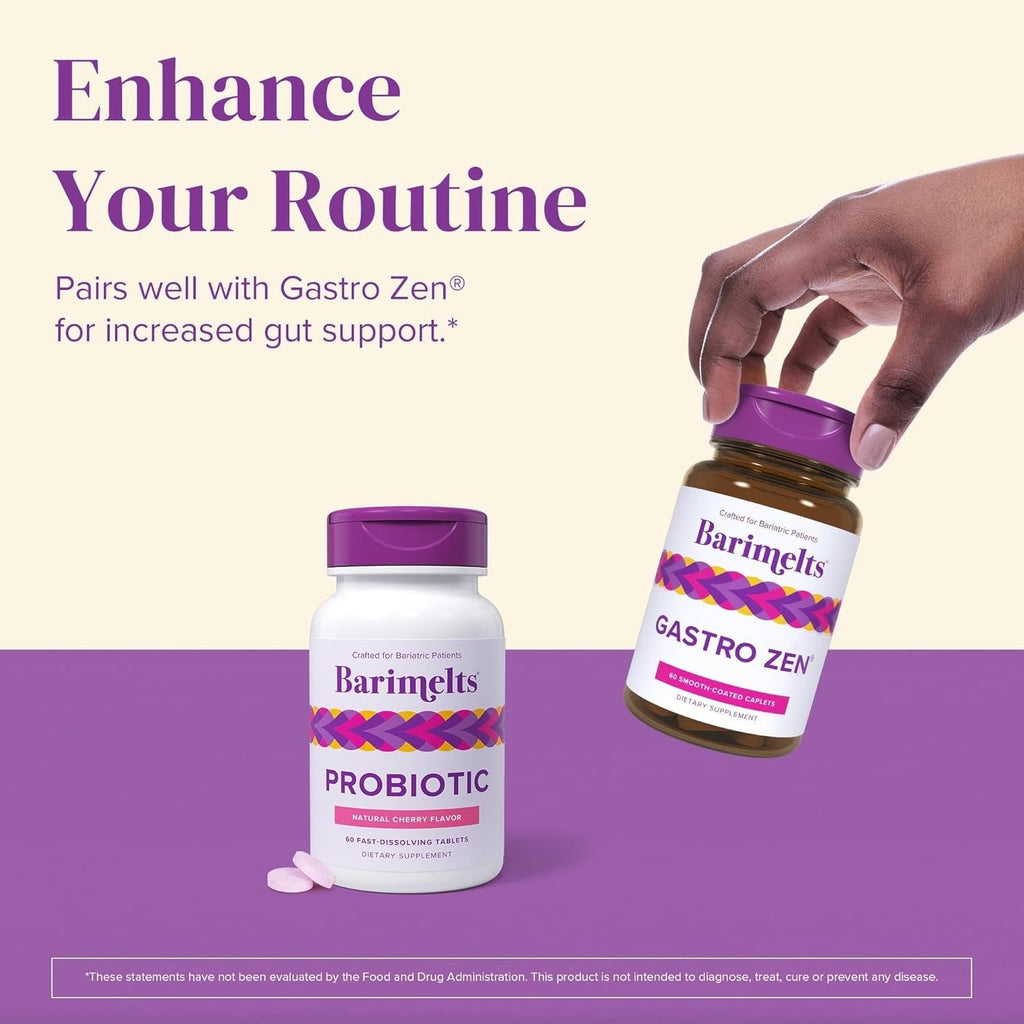 Barimelts Probiotic, 5 Billion CFU - 60 Fast-Dissolving Tablets (2-Month Supply) - Sugar-Free Probiotics for Women, Support Gut Health after Bariatric Surgery, Natural Cherry Flavor