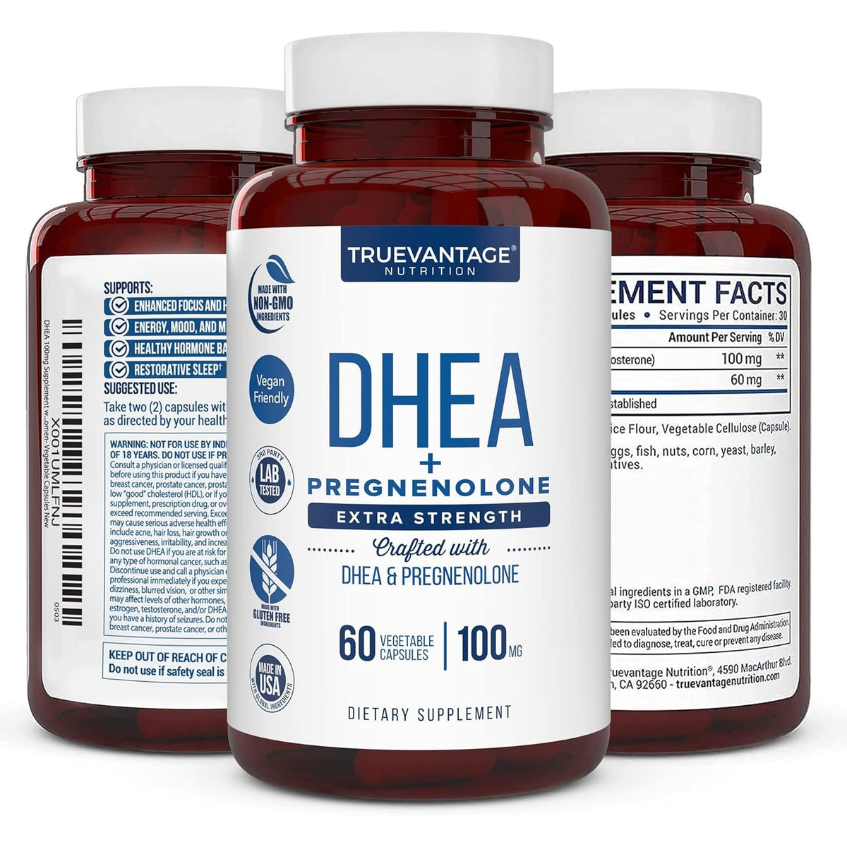 Truevantage Nutrition DHEA 100 Mg with Pregnenolone 60 Mg – Vegetable Capsules, Non-Gmo