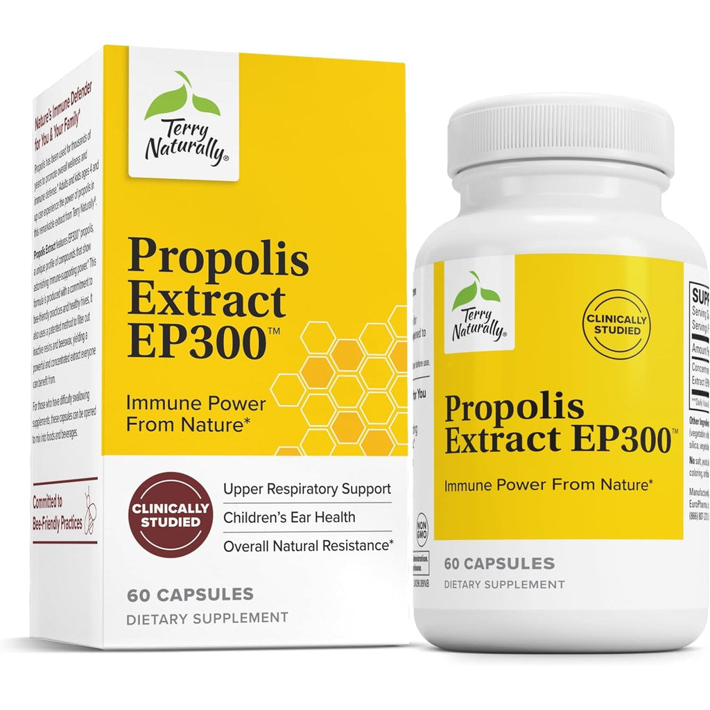 Terry Naturally Propolis Extract EP300 - Upper Respiratory & Immune System Support Supplement - Child & Adult Supplement with Bee Propolis Extract - 60 Capsules