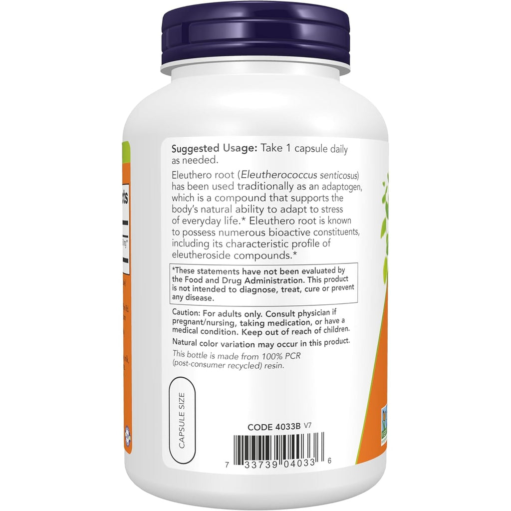 NOW Supplements, Eleuthero (Eleutherococcus Senticosus) 500 Mg, Adaptogenic Herb*, 250 Veg Capsules