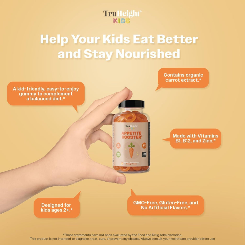 Truheight Kids Appetite Booster Gummies (Orange, Ages 2+) All Natural Toddler & Kids Appetite Stimulant to Eat More - Weight Gain Supplements - Vitamins for Underweight Children - Picky Eater Vitamin