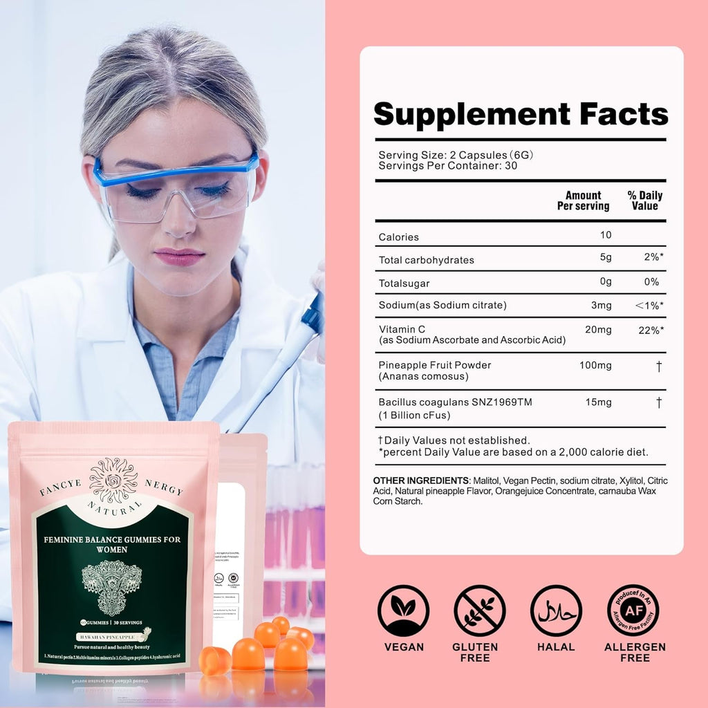Premium Feminine Balance Gummies for Women - Hawaiian Pineapple Gummies for Women Ph, Support Probiotic - Immune Health - Gluten-Free with Vegetarian Friendly - Vitamin C - 60 Count