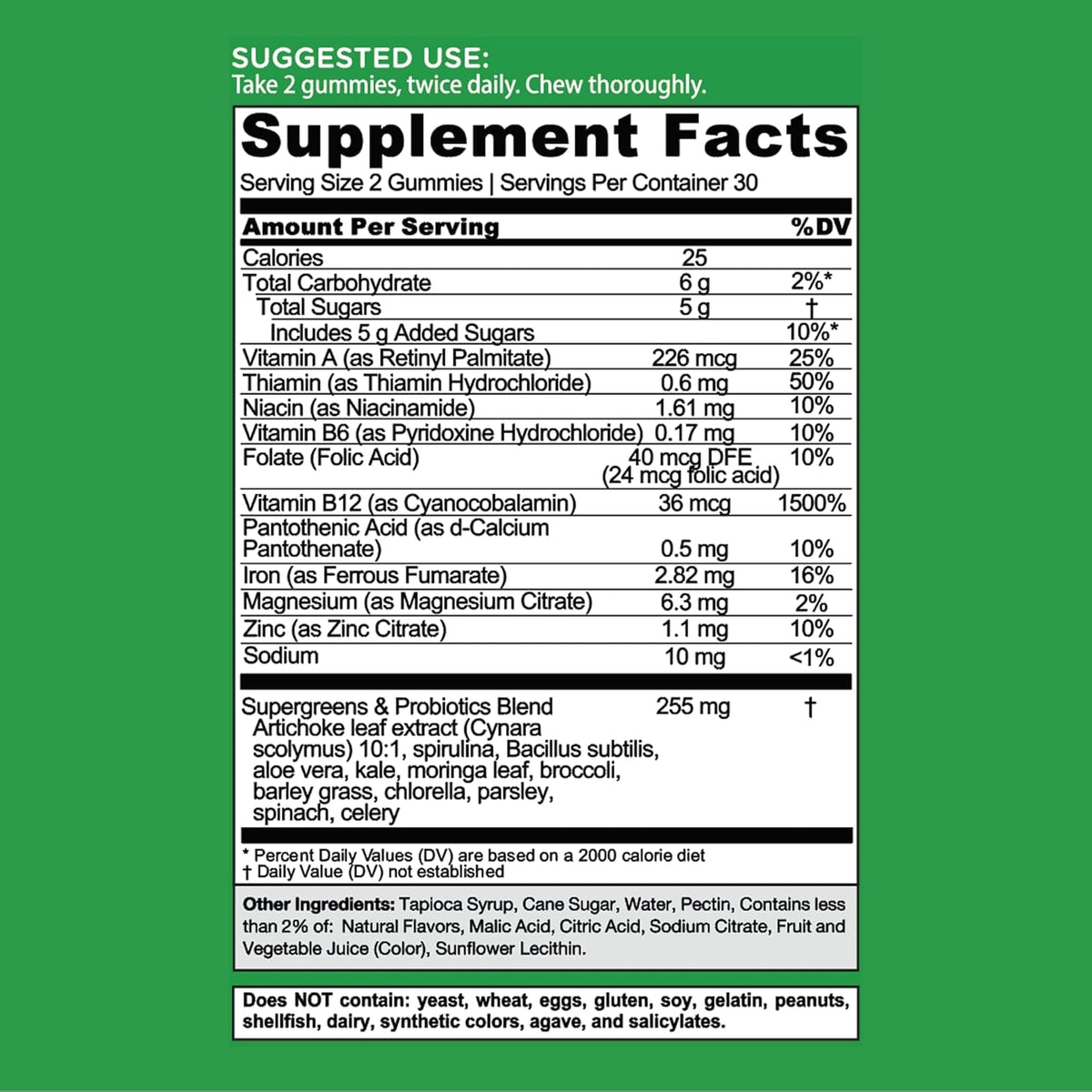 Goli Supergreens Gummies with Probiotics - Artichoke Leaf Extract, Spirulina, Kale, Vitamins A, B6, B12 - Vegan, Gluten-Free, Non-Gmo