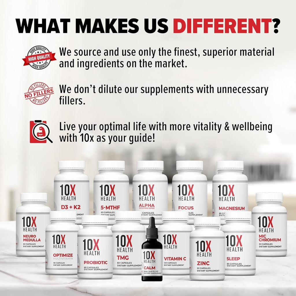 10X Health TMG Supplements - Trimethylglycine Supplement for Liver Support, Heart Wellness, Energy, Homocysteine Levels - TMG Capsules with Betaine Anhydrous - Non-Gmo & Gluten-Free - 60 Capsules
