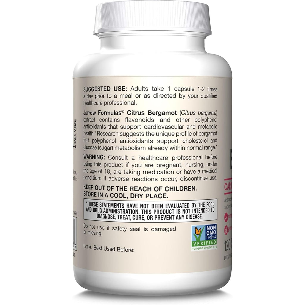 Jarrow Formulas Citrus Bergamot Supplement 500 Mg - 120 Servings (Veggie Caps) - Antioxidant Support for Cardiovascular & Metabolic Health - Dietary Supplement - Vegan Gluten-Free- Use with Qh-Absorb