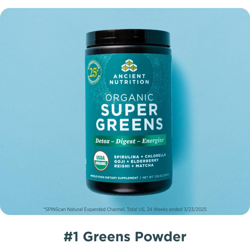 Ancient Nutrition Super Greens Powder, Organic Superfood Powder with Probiotics Made with Spirulina, Chlorella, Matcha, and Digestive Enzymes, 25 Servings, 7.05Oz
