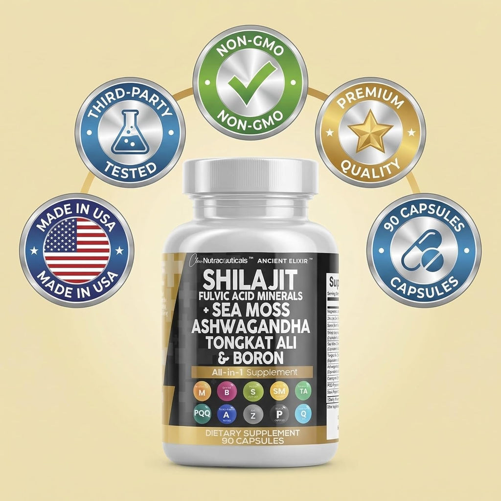 Clean Nutraceuticals Shilajit Supplement for Men with Sea Moss, Tongkat Ali, Ashwagandha, Boron, Zinc, Coq10, PQQ - Fulvic Acid Capsules - Energy Support - 90 Count - Resin, Gummy & Powder Alternative