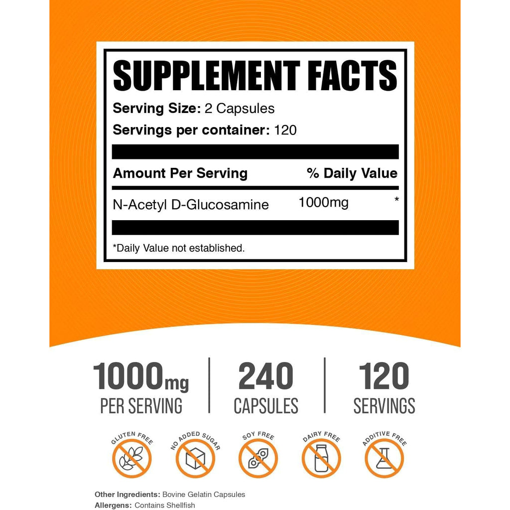 Bulksupplements.Com N-Acetyl Glucosamine Capsules - NAG Supplement, N-Acetyl D-Glucosamine - Glucosamine Supplement, 2 Capsules per Serving, 240 Count (Pack of 1)