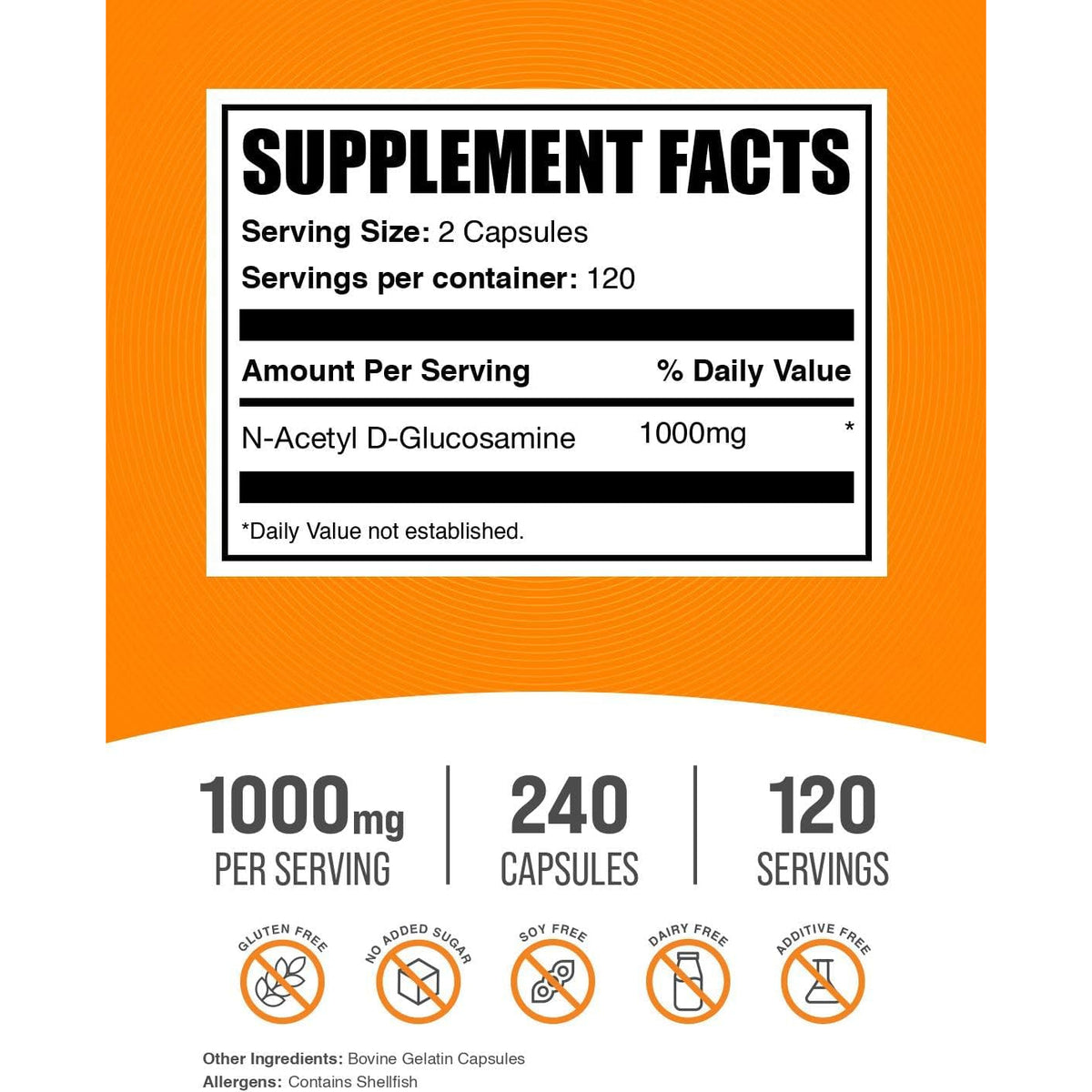 Bulksupplements.Com N-Acetyl Glucosamine Capsules - NAG Supplement, N-Acetyl D-Glucosamine - Glucosamine Supplement, 2 Capsules per Serving, 240 Count (Pack of 1)