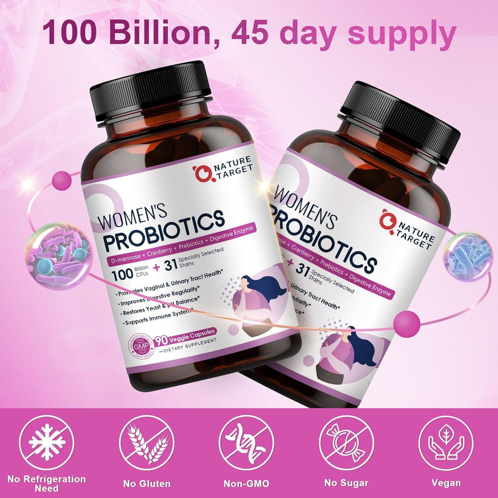 NATURE TARGET Probiotics for Women, 100 Billion Cfus Probiotic with Digestive Enzymes & Prebiotics, Vaginal Probiotics with Cranberry for Urinary Tract Health, Ph Balance, 90 Veggie Capsules