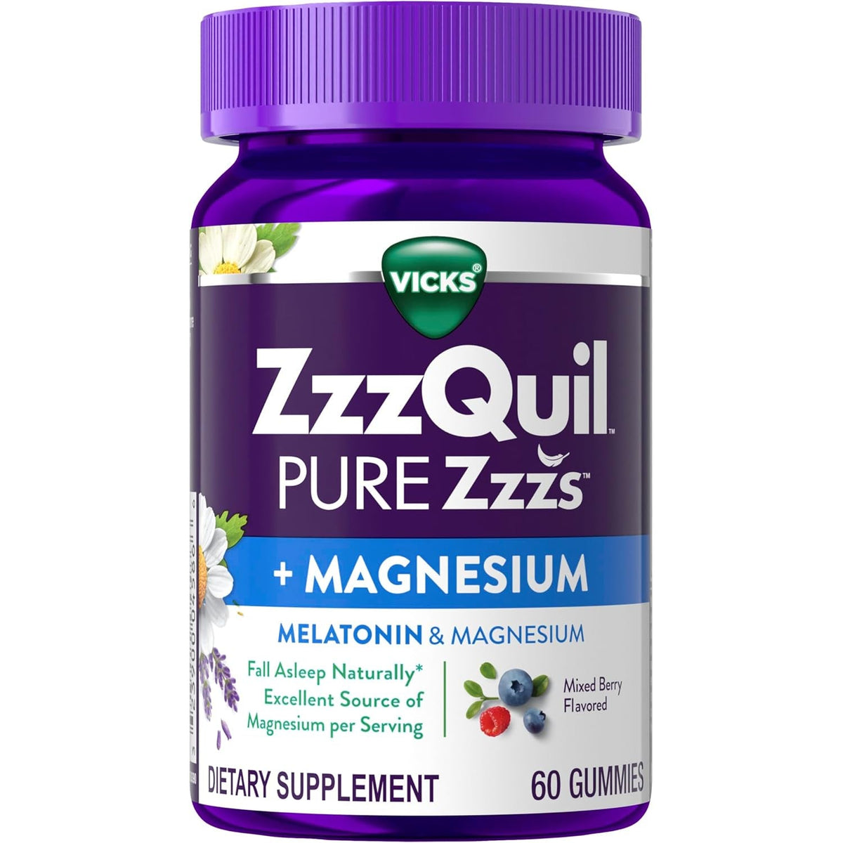 Zzzquil Pure Zzzs + Magnesium, Sleep Aid, Magnesium Citrate and Melatonin Gummies, Melatonin 2Mg, Sleep Aids for Adults, Mixed Berry Flavored, 60 Sleep Gummies