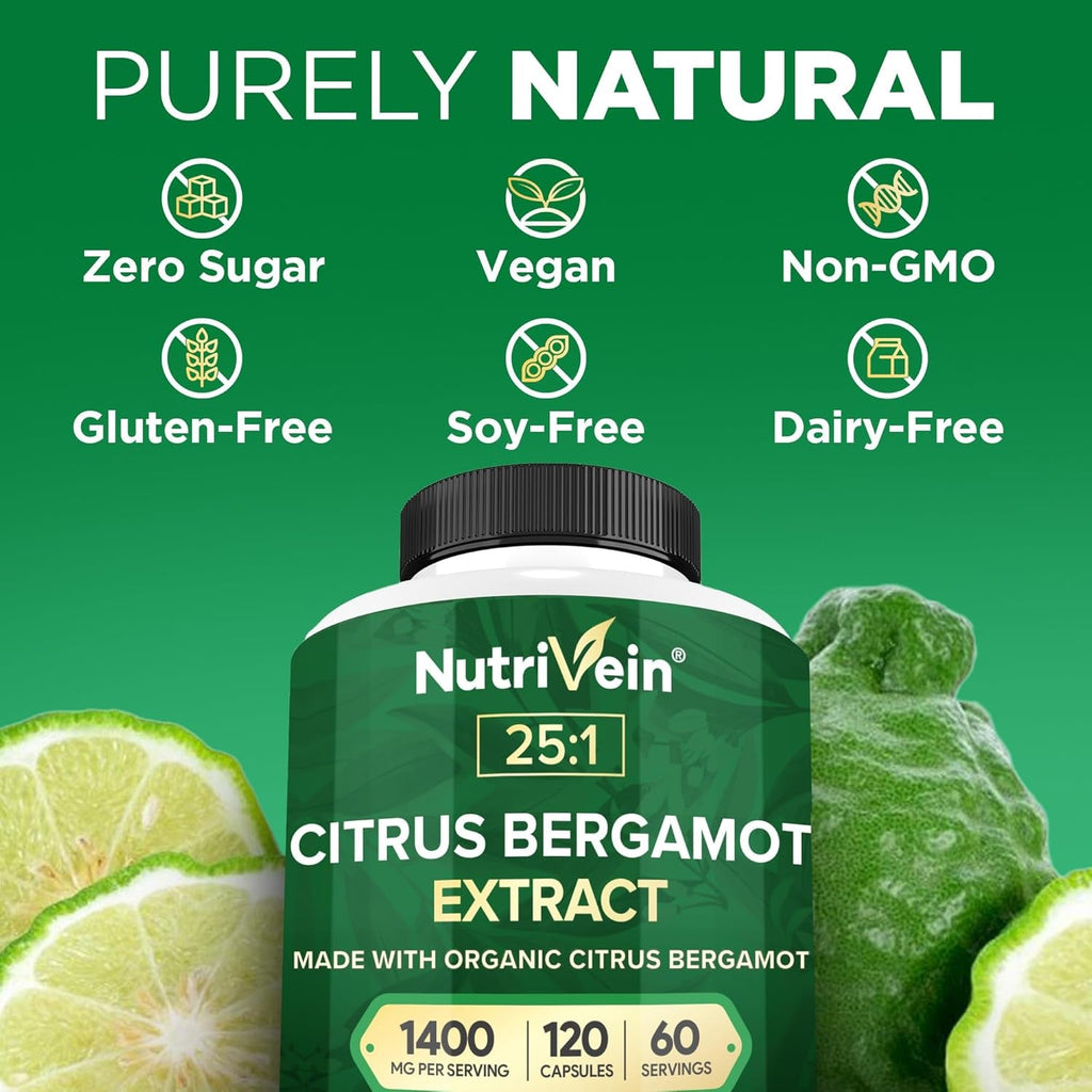 Nutrivein Premium Citrus Bergamot Supplement 1400Mg 25:1 Bergamia Extract - 60 Day Supply (120 Capsules): Powerful Italian Citrus Bergamot 1400 Mg+ High Concentration - Heart and Circulatory System