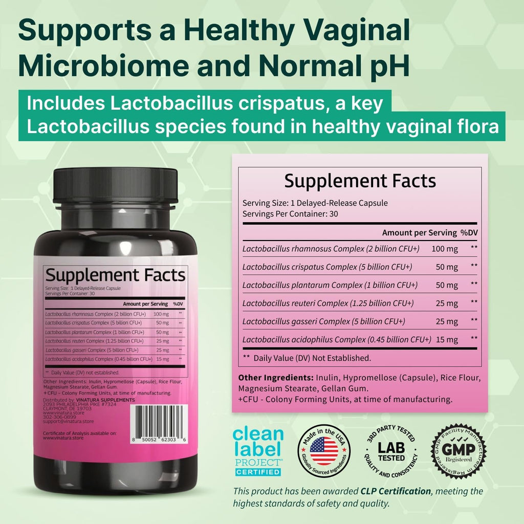 VINATURA Lactobacillus Rhamnosus, Reuteri, Gasseri, Plantarum, Crispatus, Acidophilus Probiotics - Probiotics for Women *USA Made & Tested* Women Vaginal Health, Gut and Digestive Health - 30 Capsules