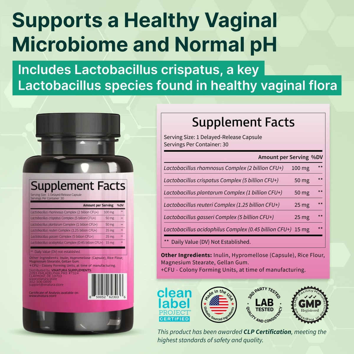 VINATURA Lactobacillus Rhamnosus, Reuteri, Gasseri, Plantarum, Crispatus, Acidophilus Probiotics - Probiotics for Women *USA Made & Tested* Women Vaginal Health, Gut and Digestive Health - 30 Capsules