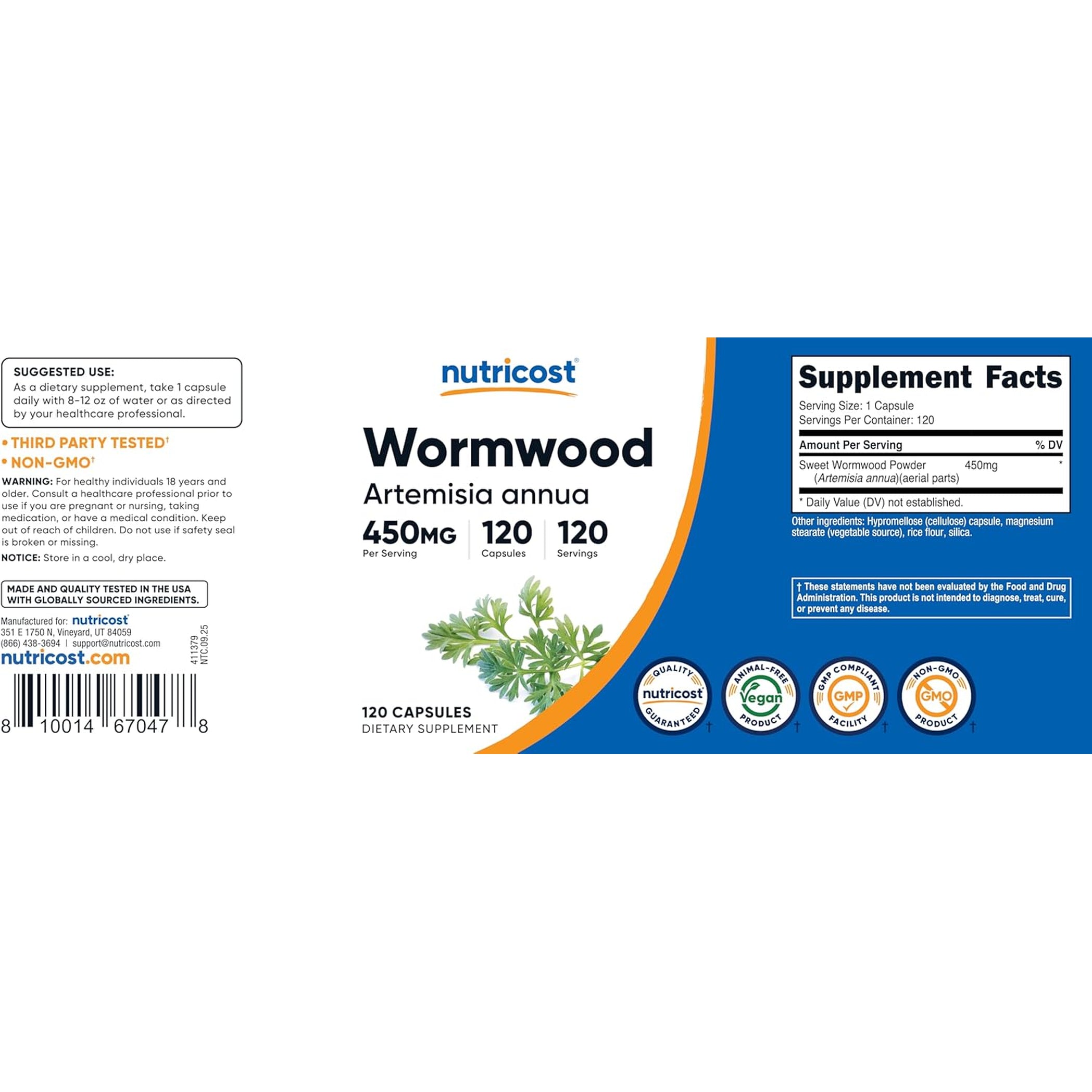 Nutricost Wormwood Capsules 450Mg 120 Capsules - Vegetarian Caps, Gluten Free and Non-Gmo
