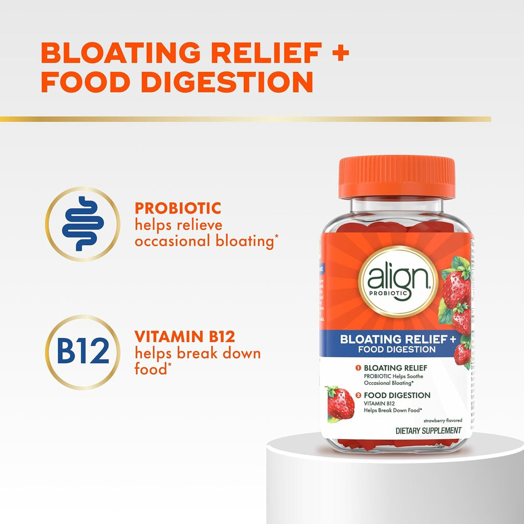 Align Probiotic, Bloating Relief + Food Digestion, Probiotics for Women and Men, Probiotic Helps Soothe Occasional Bloating*, with Vitamin B12 to Help Break down Food into Cellular Energy*,60 Gummies