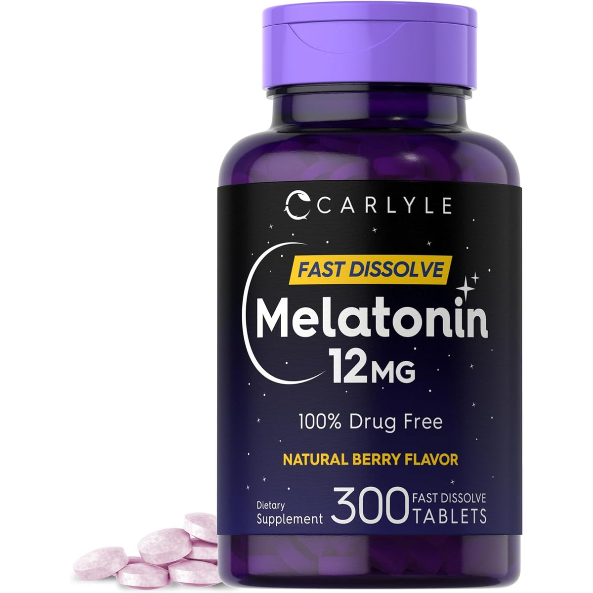 Carlyle Melatonin 12 Mg Fast Dissolve 300 Tablets | Drug Free | Natural Berry Flavor | Vegetarian, Non-Gmo, Gluten Free