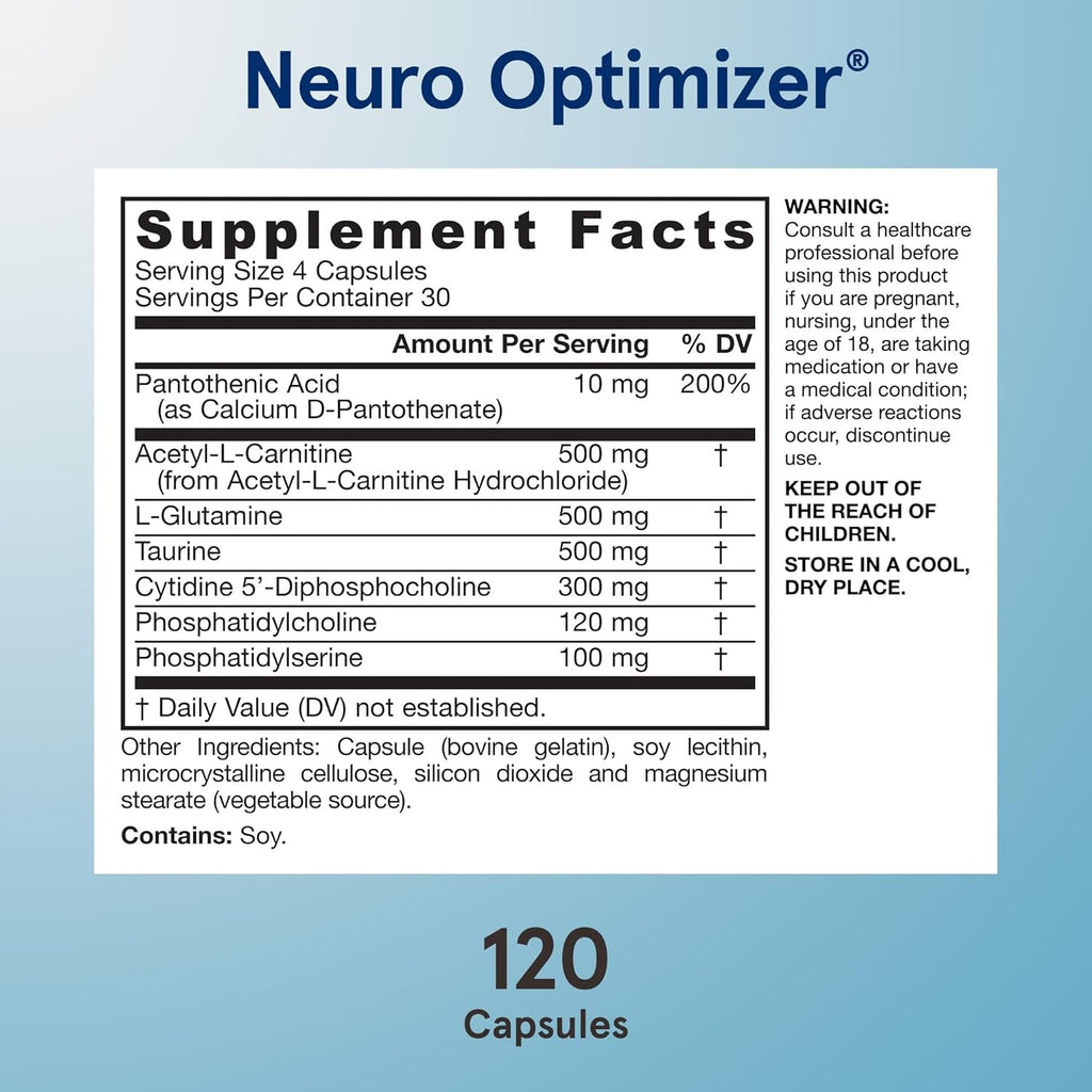 Jarrow Formulas Neuro Optimizer with 7 Neuro-Nutrient Ingredients, Dietary Supplement for Brain Health, Function, and Antioxidant Support, 120 Capsules, 30 Day Supply