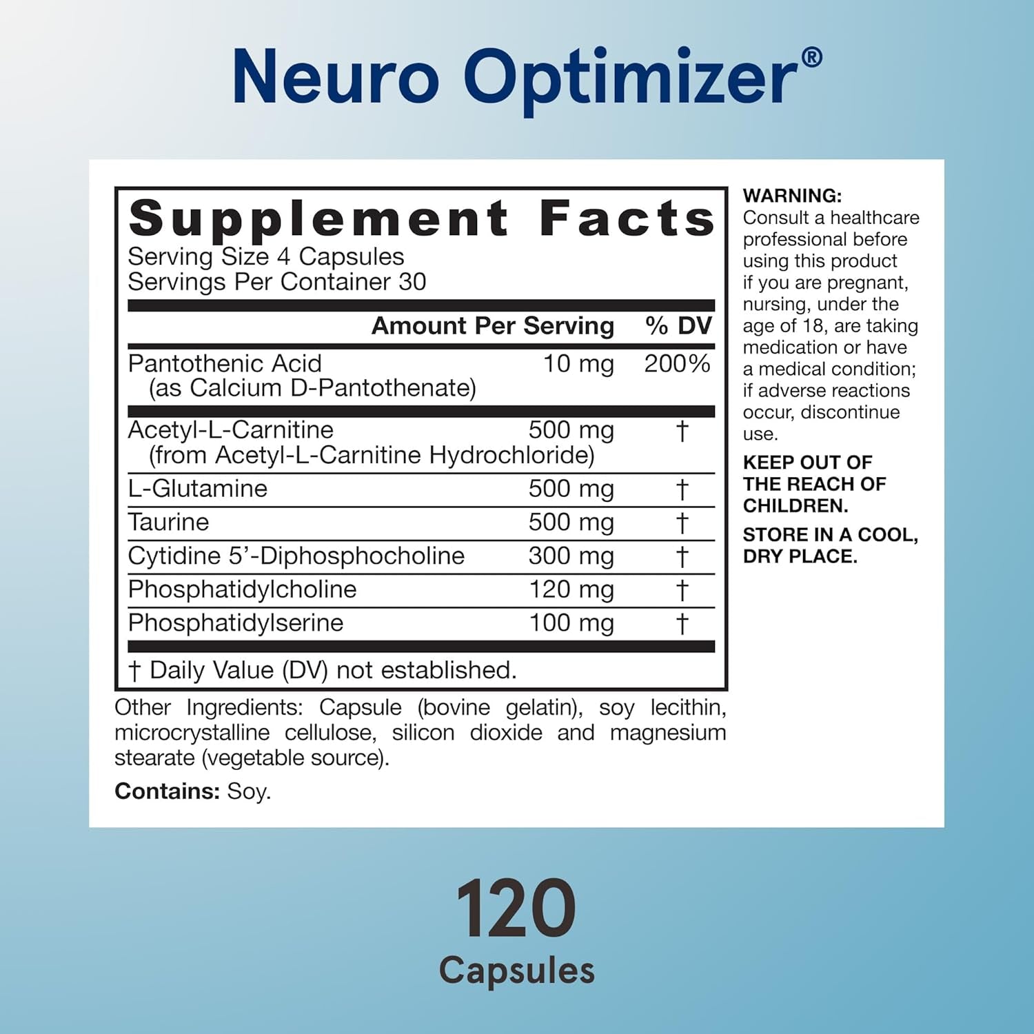 Jarrow Formulas Neuro Optimizer with 7 Neuro-Nutrient Ingredients, Dietary Supplement for Brain Health, Function, and Antioxidant Support, 120 Capsules, 30 Day Supply