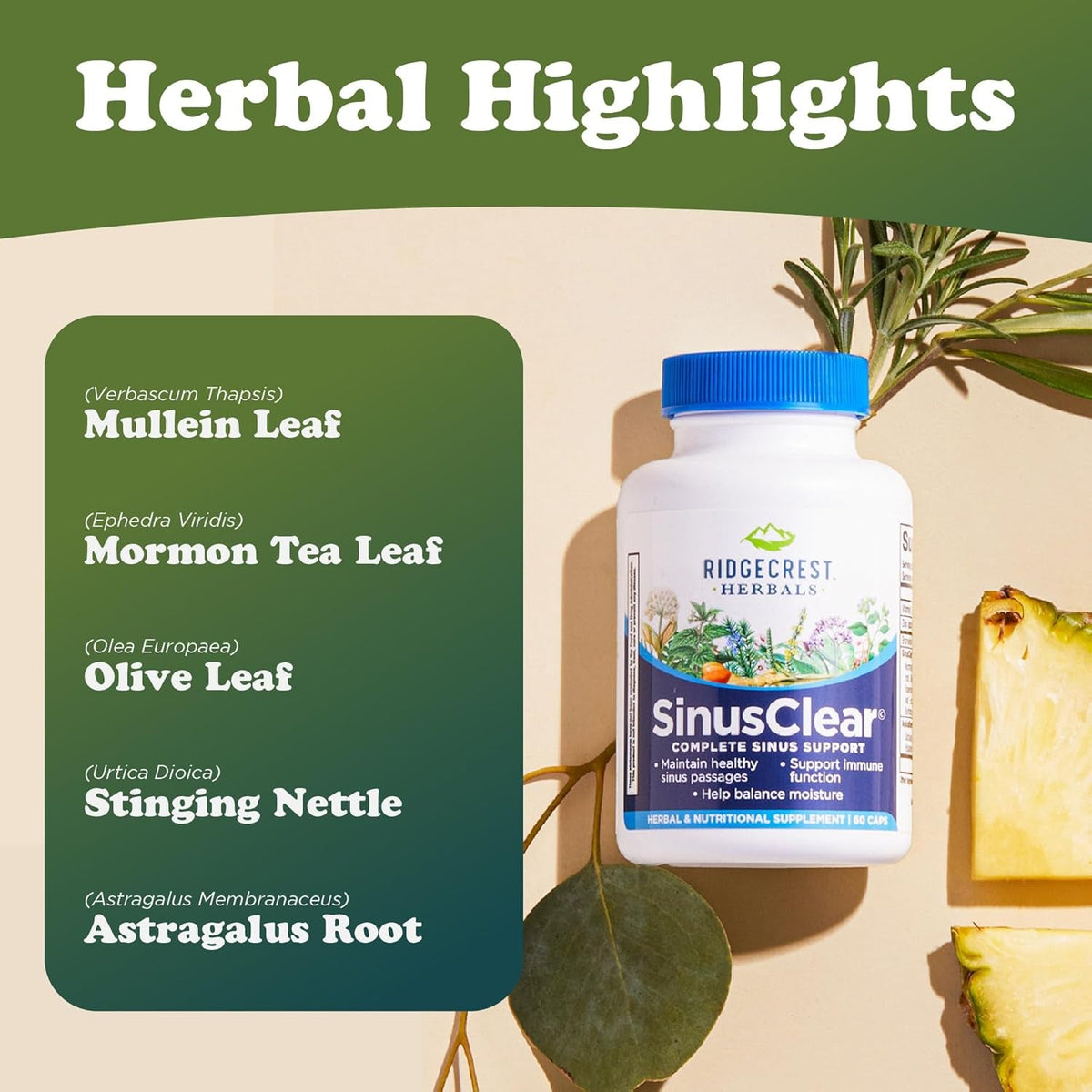 Ridgecrest Herbals Sinusclear, Complete Formula for Sinus and Nasal Health with Mullein Leaf, Bromelain, Vitamin C, and Zinc, for Healthy Mucus, Immune & Respiratory Support, (60 Veg Caps, 30 Serv)
