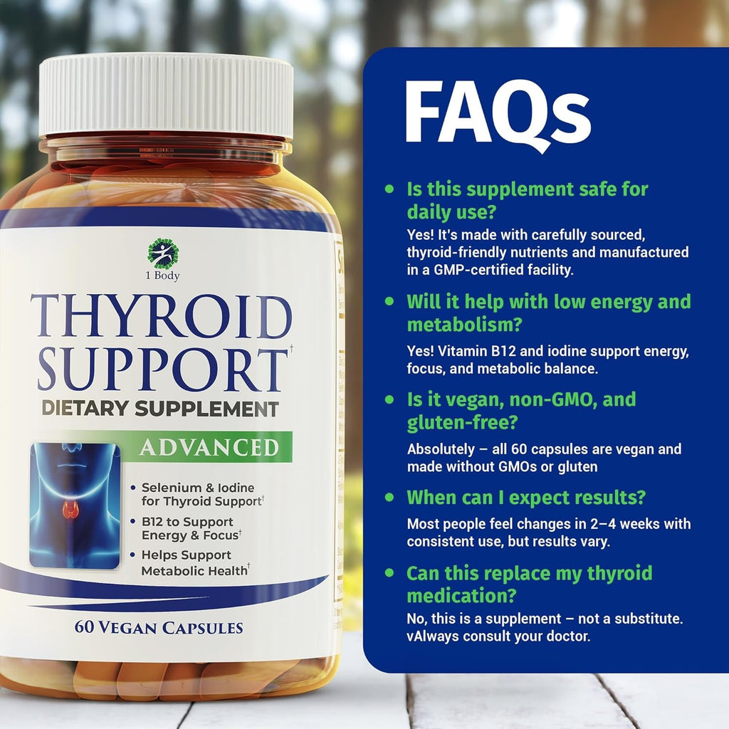 1 Body Thyroid Support Supplement for Women and Men, Selenium with Iodine, Zinc, B12, Ashwagandha and L-Tyrosine, Supports Hormone Health, Energy and Metabolism, 30 Day Supply