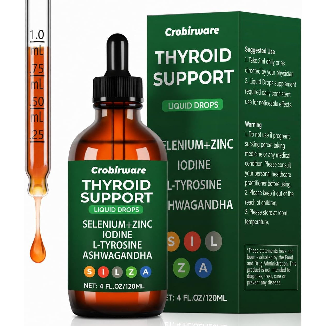 Thyroid Support Complex Liquid Drops for Women & Men - High Potency Iodine, Zinc, Selenium & Ashwagandha for Cortisol & Stress Relief - Natural Metabolism & Energy Booster - 4 Oz (120Ml)