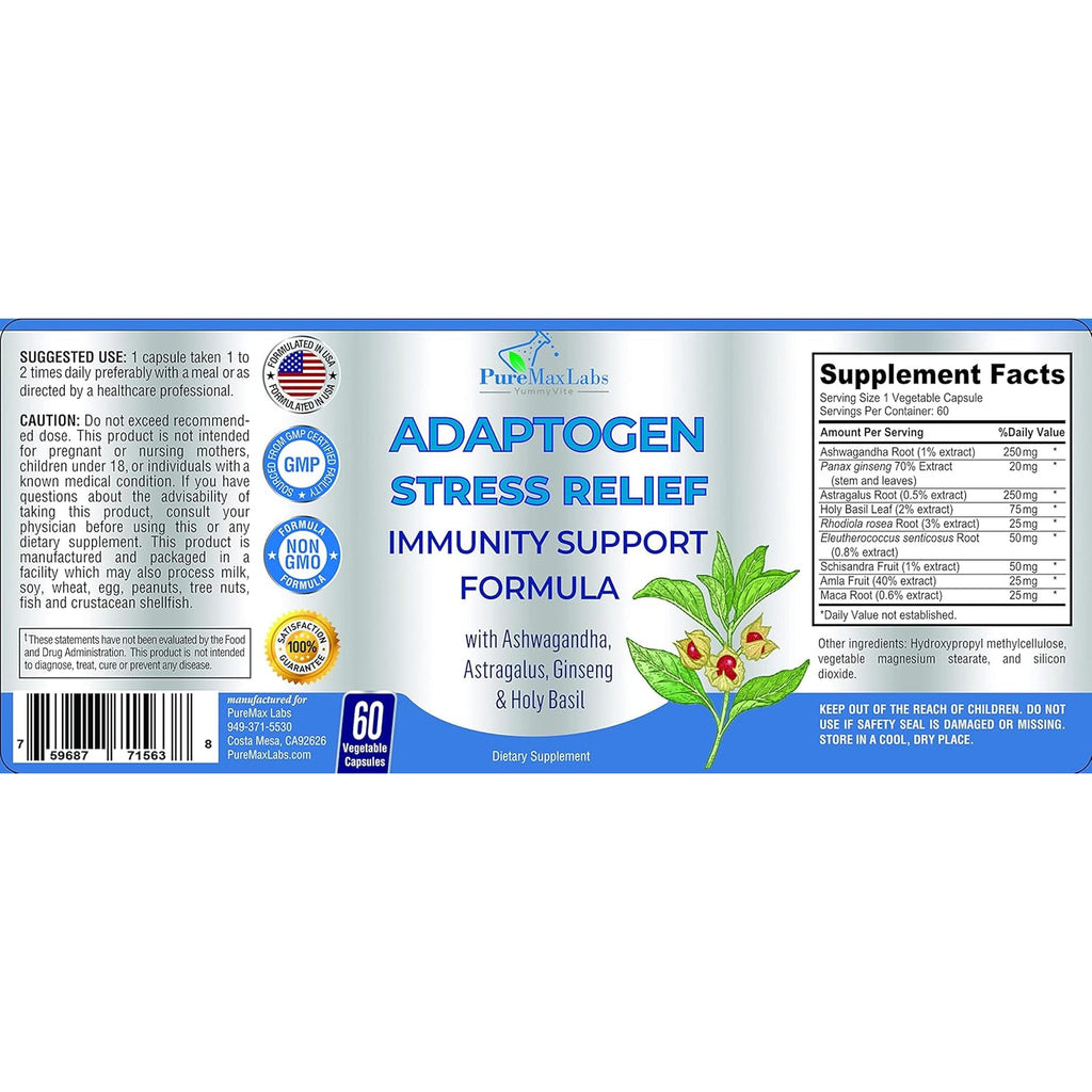 Adaptogen Stress Relief Immune Support Formula - Adaptogenic Adrenal Support with Ashwagandha, Astragalus, Ginseng, Holy Basil, Rhodiola, Amla, Maca, Schisandra, Non-Gmo - 60 Capsules