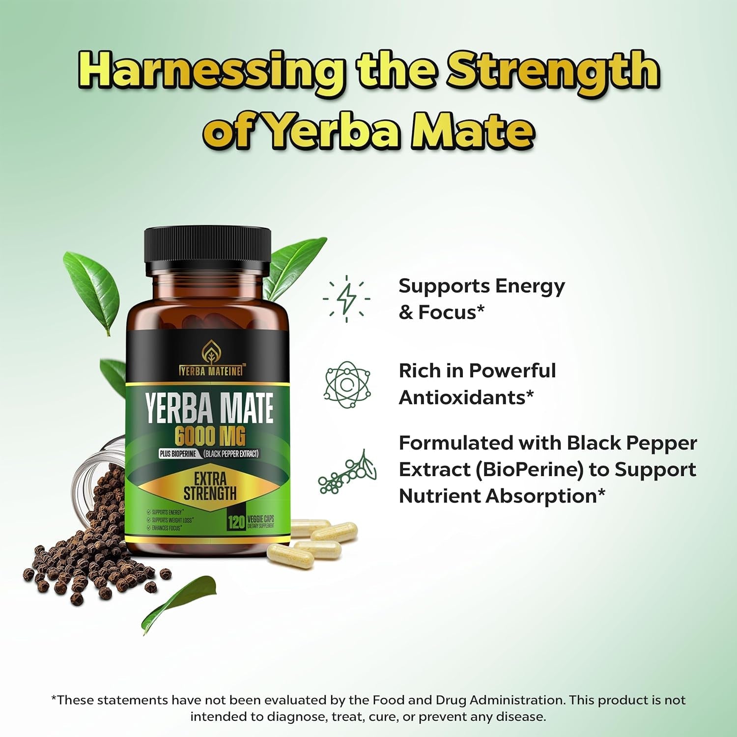 Extra Strength Yerba Mate High Potency, 60Mg Caffeine per Capsule, Extract Pills Supplements for Clean Natural Energy, Made in USA - 120 Caps