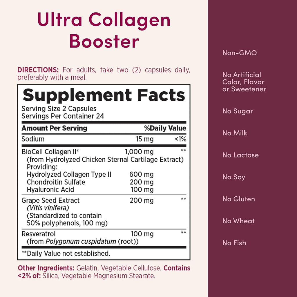Nature’S Bounty Optimal Solutions Ultra Collagen Booster for Healthy-Aging Supplement, Resveratrol, Hyaluronic Acid – Collagen Capsules for Women, 48 Capsules