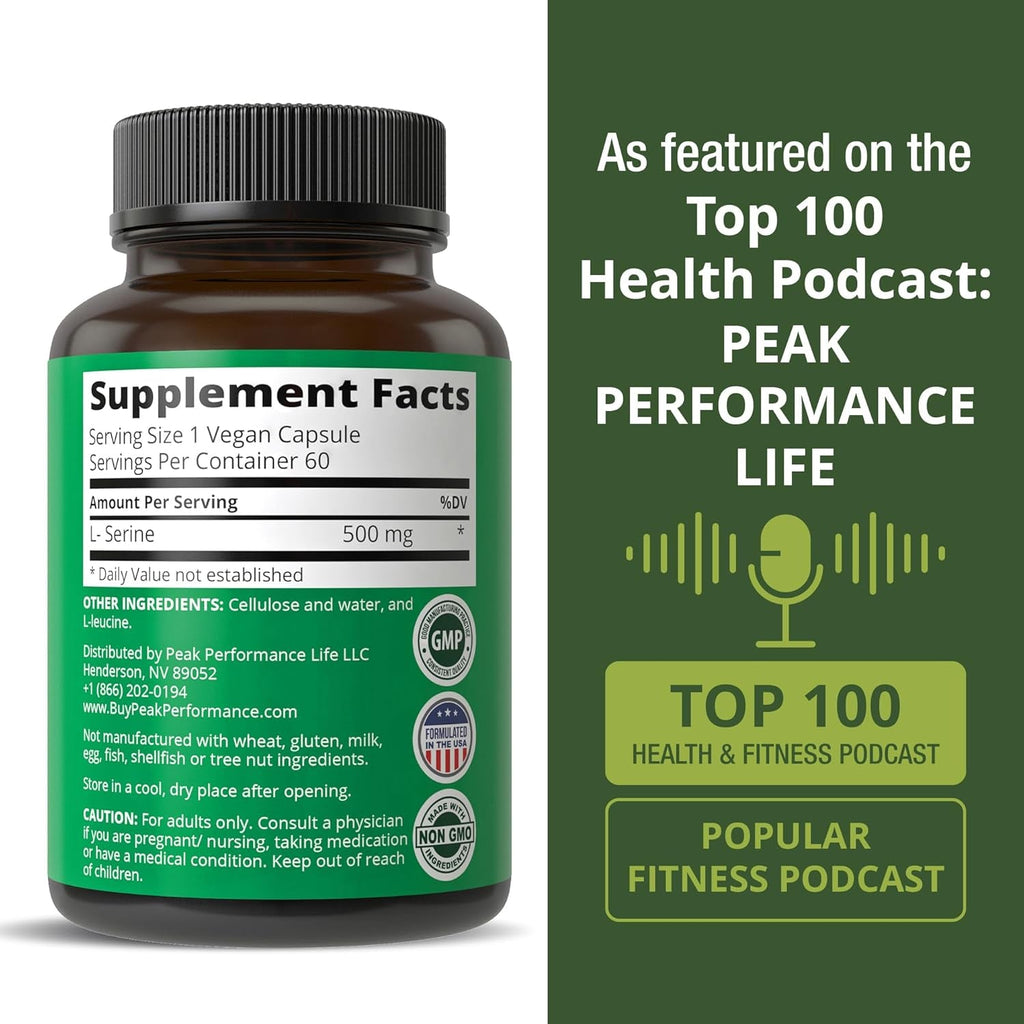 Peak Performance L-Serine Capsules 500Mg Best Brain and Nootropic Amino Acids for Production of L-Cystine, L-Tryptophan and Serotonin - USA Grade Pills - Gluten Free, Non-Gmo Supplement - 60 Servings