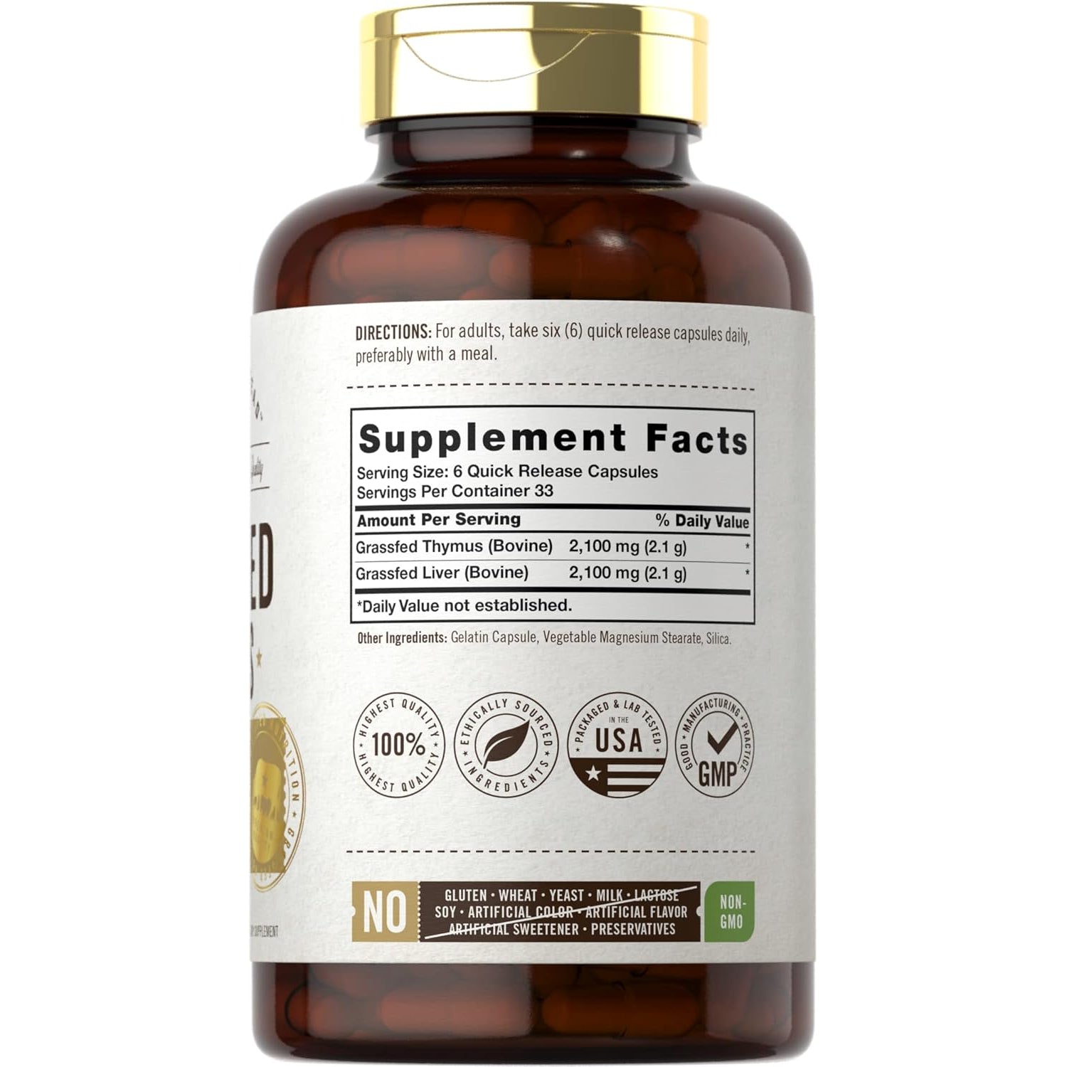 Carlyle Grass Fed Beef Thymus | 2100Mg | 200 Capsules | Bovine Supplement | Pasture Raised, Non-Gmo, Gluten Free | by Herbage Farmstead