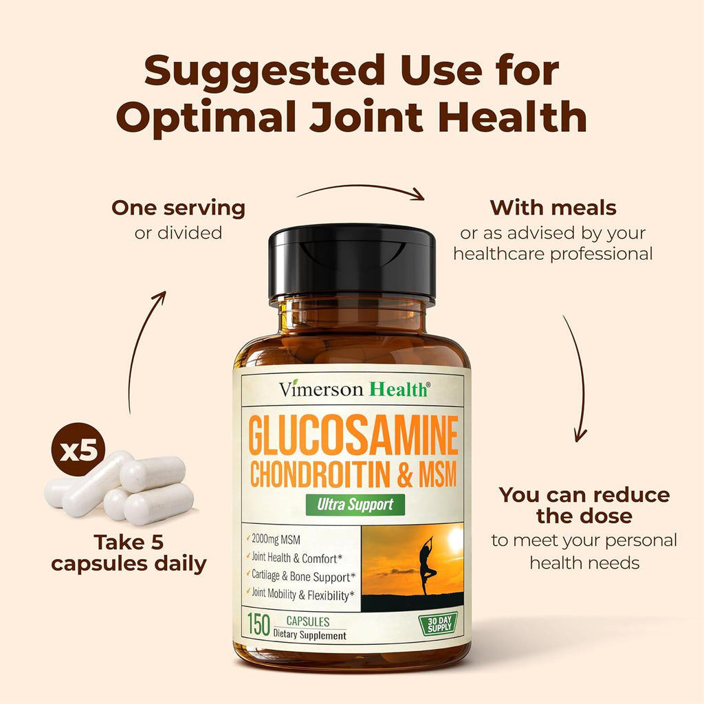 Glucosamine Chondroitin MSM – 3-In-1 Joint Supplements for Women and Men with Glucosamine Sulfate 1500Mg, Chondroitin Sulfate 1200Mg & Potent 2000Mg MSM for Cartilage & Joint Support – 150 Capsules