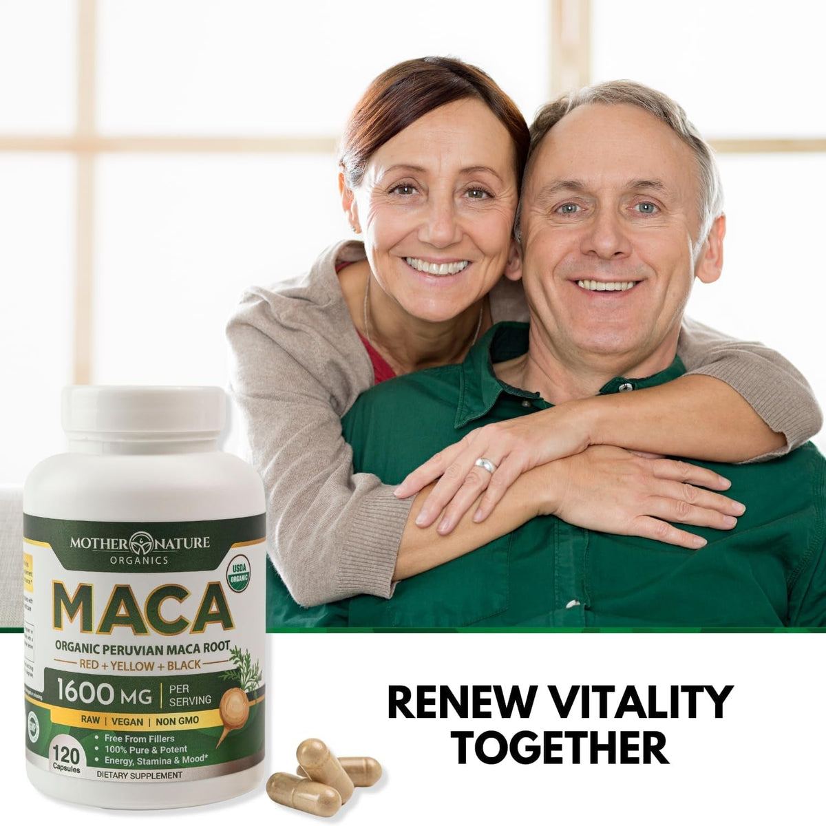 Mother Nature Organic Maca Root Capsules – 1600Mg, 120 Vegan Capsules – Non GMO Peruvian Yellow, Red & Black Maca for Men & Women - Energy, Hormone, Brain & Weight Well-Being