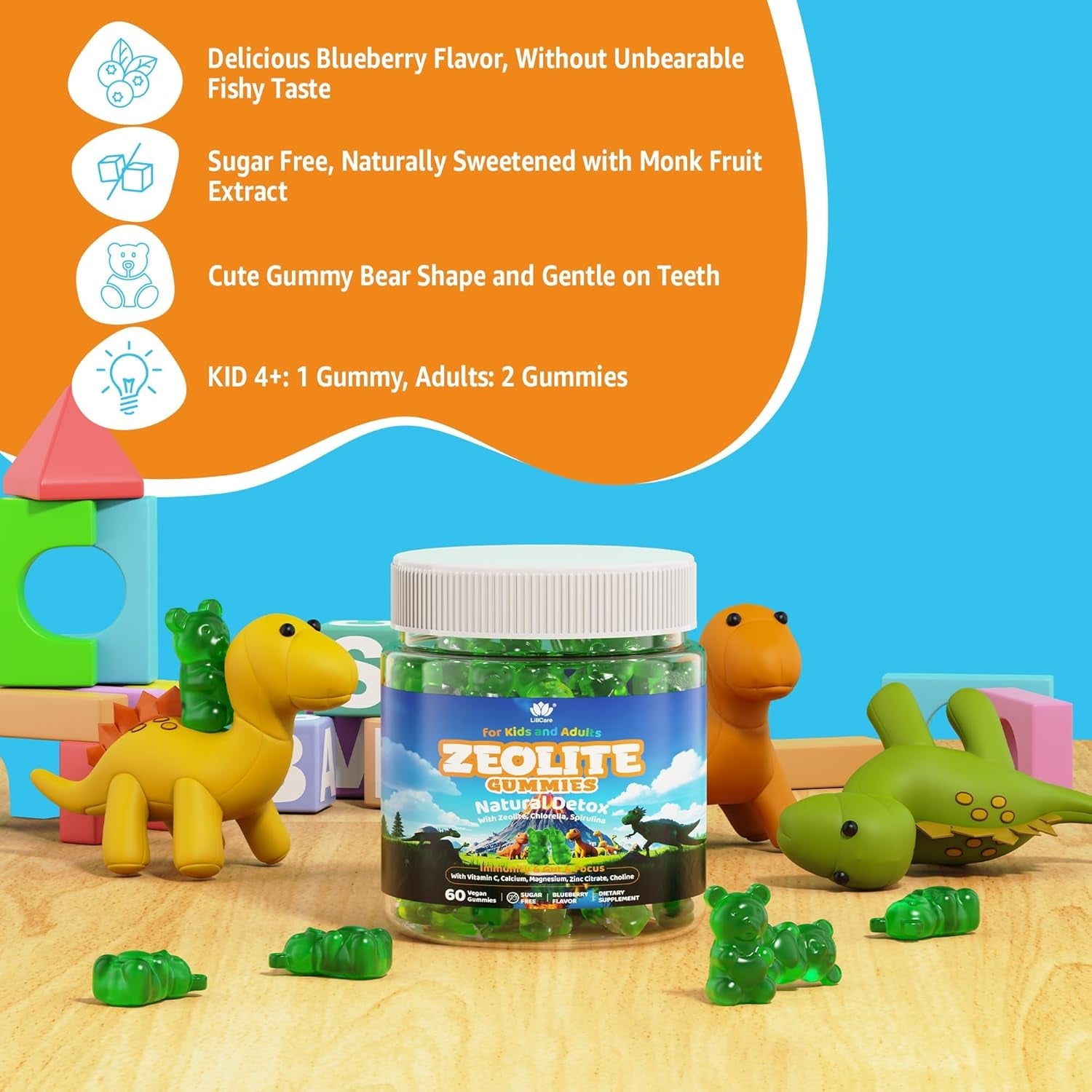 Zeolite Dêtõx for Kids & Adults, Sugar Free Kids Tõxin Dêtõx Gummies W/ Chlorella, Spirulina, Minerals, Choline - Gentle Heavy Mêtâl Dêtõx for Digestive, Immune, Focus, Energy, Bone, Vegan, 120Cts
