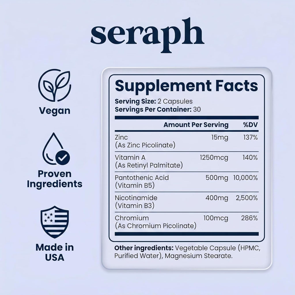 Seraph Acne Supplement - Hormonal Acne Pills Treatment - Pimple Supplements for Women - Skin Clear Capsules for Teen, Men, & Adults - Made in USA - 60 Tablets