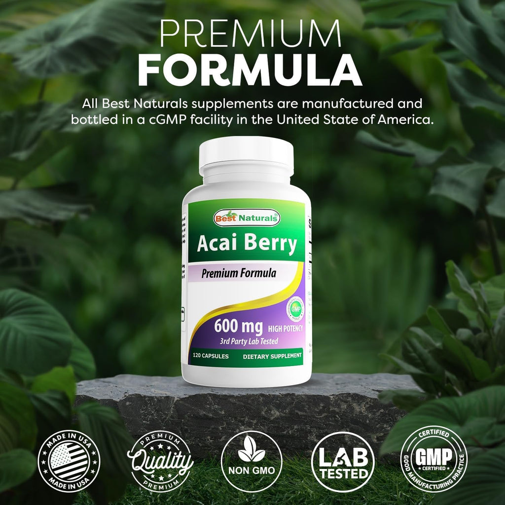 #1 Acai Berry 600Mg per Serving by Best Naturals -- 100% Pure High Potency -- Supports Fat Metabolism -- Manufactured in a USA Based GMP Certified Facility and Third Party Tested for Purity. Guaranteed!! (120 Caps)