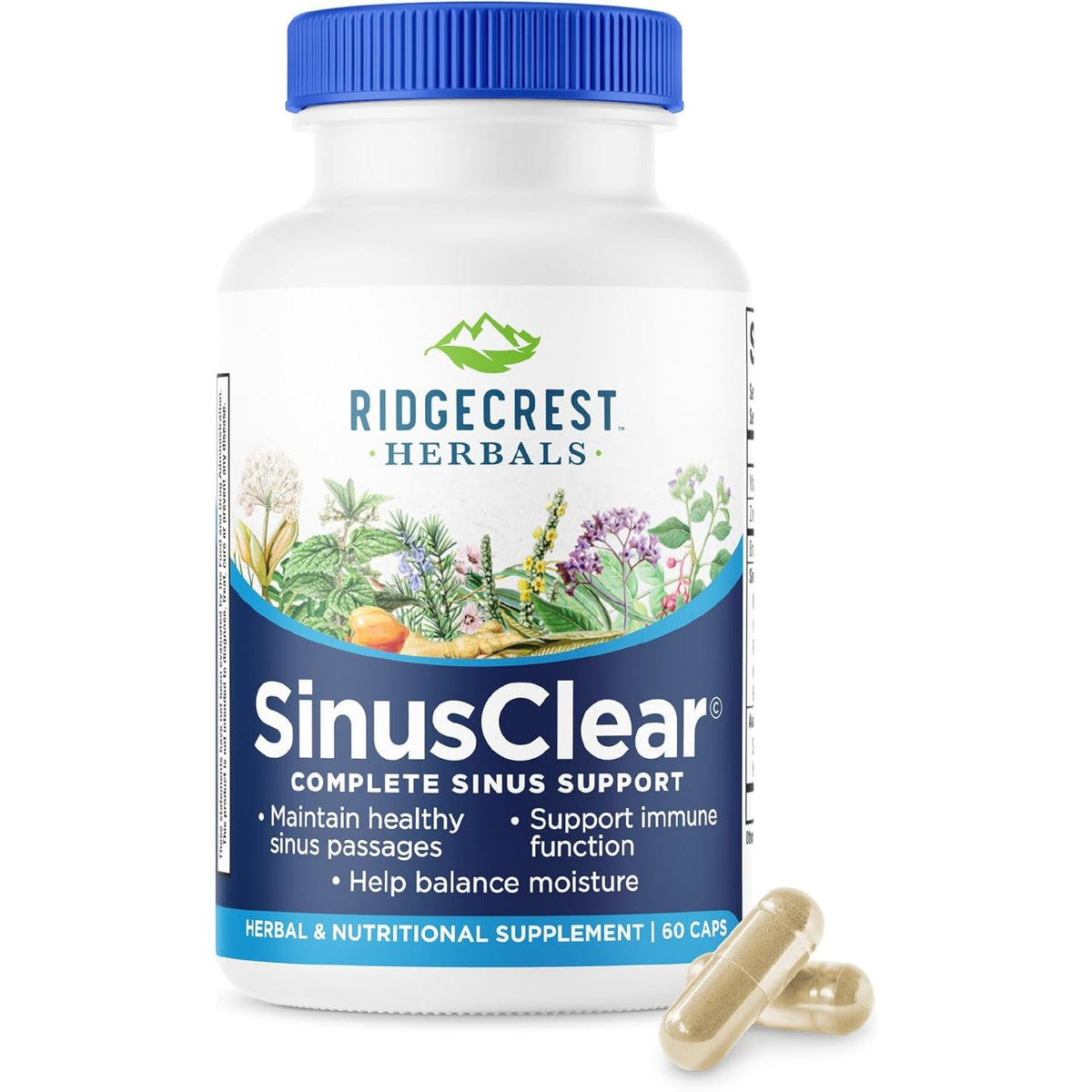 Ridgecrest Herbals Sinusclear, Complete Formula for Sinus and Nasal Health with Mullein Leaf, Bromelain, Vitamin C, and Zinc, for Healthy Mucus, Immune & Respiratory Support, (60 Veg Caps, 30 Serv)