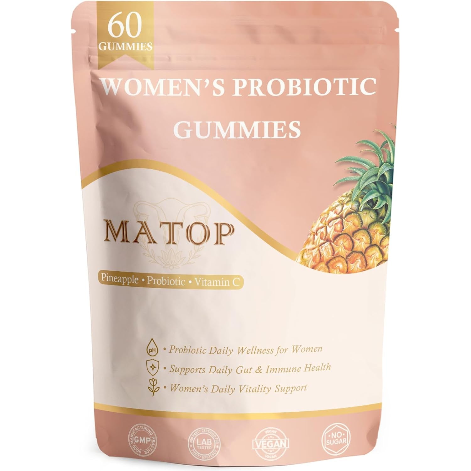 MATOP Women’S Probiotic Gummies for Gut & Daily Wellness – Vitamin C Supplement, Pineapple Flavor, 60 Count